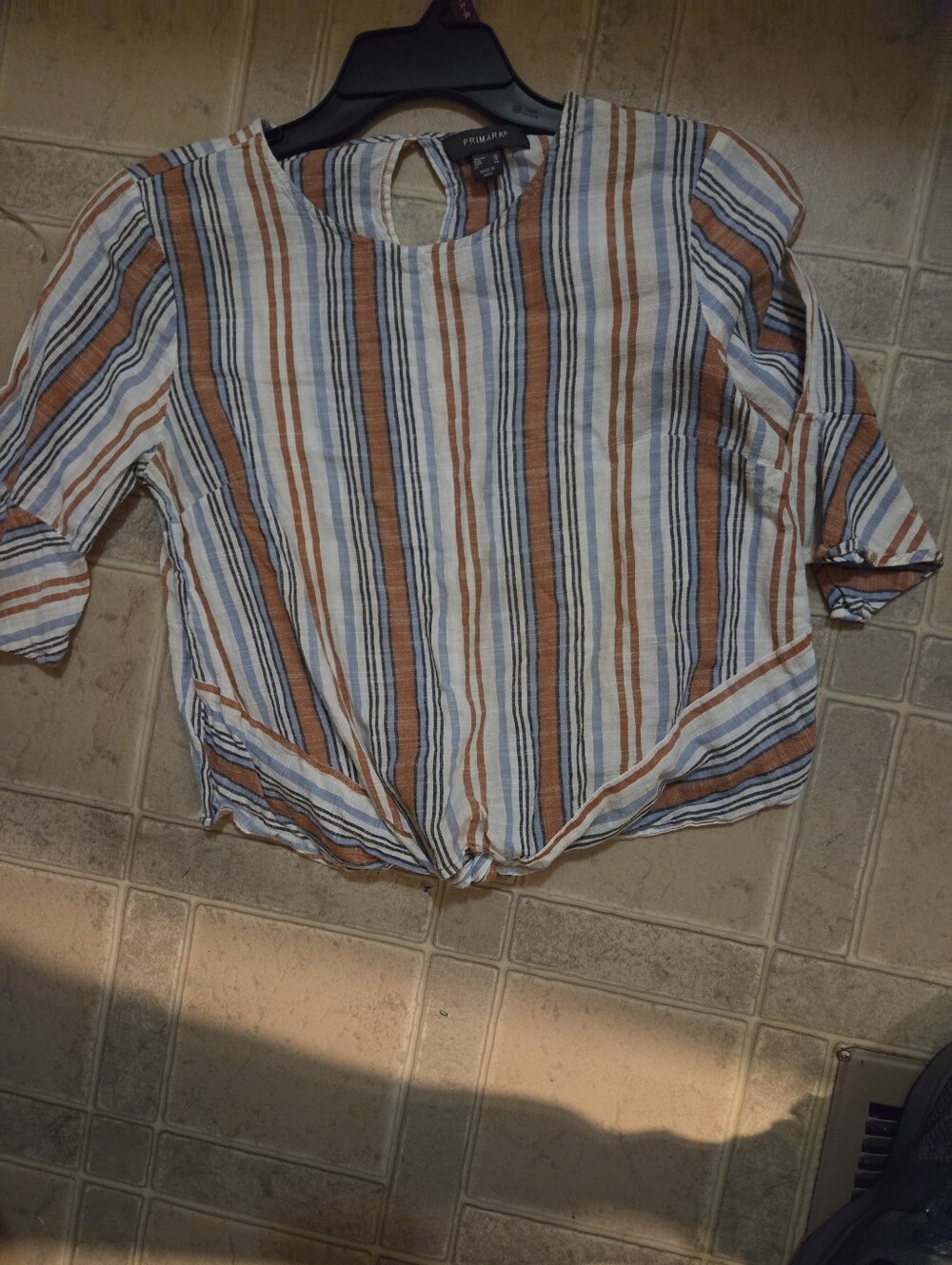 Striped Tie-Front Women's Top in Blue & Tan